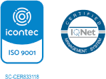 Icono de Icontent e ISO con las certificaciones de calidad de la plataforma educativa Skolmi